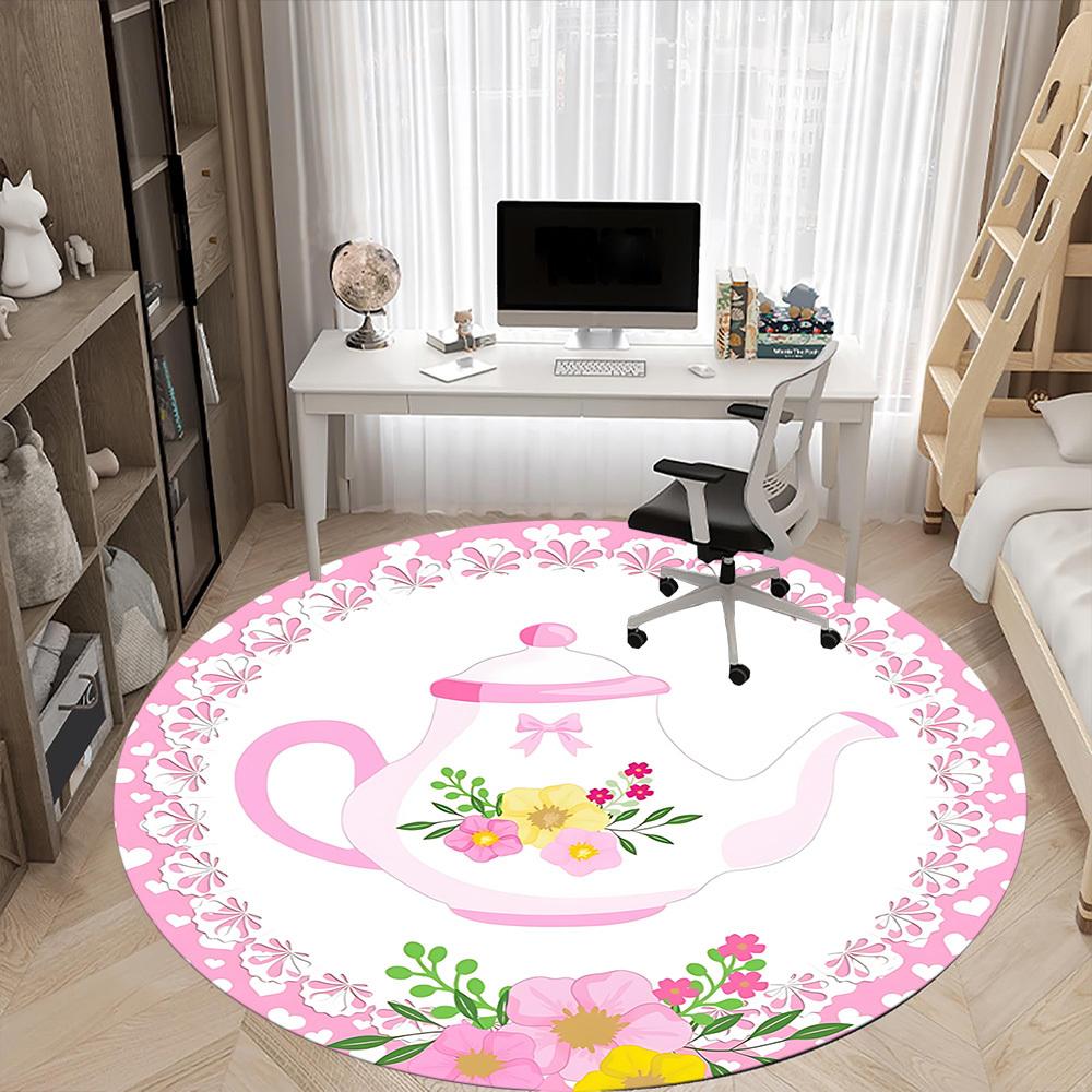 1pc TeaPot Floral Chair Carpet for Office Non Slip, Machine Washable Rug for Office, Room Holiday Decor for Christmas, Birthday Polyester