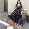 Fattened extra large size floral long-sleeved dress 100kg fat girl long dress one-word shoulder loose maternity dress