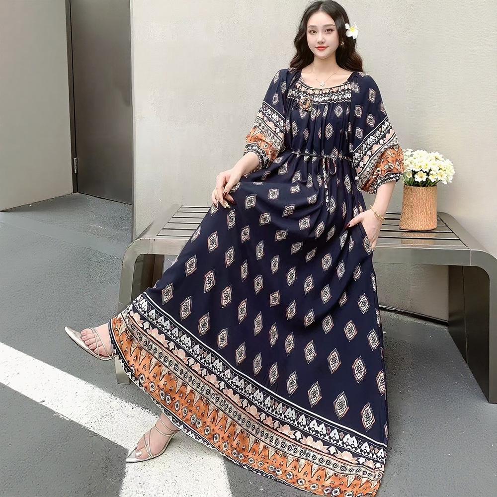 Fattened extra large size floral long-sleeved dress 100kg fat girl long dress one-word shoulder loose maternity dress