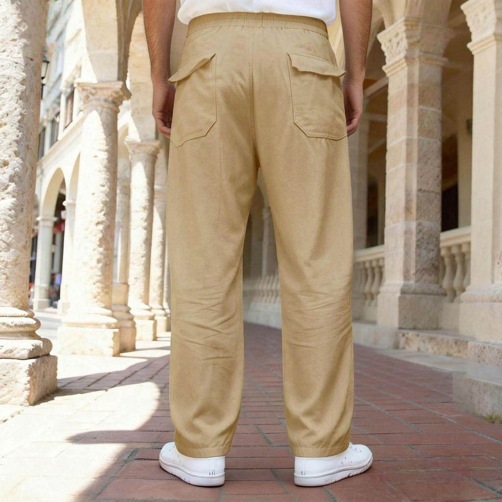 2026 Casual Men's Loose Summer Breathable Beach Pants with Drawstring and Straight Leg Design in Solid Colors.