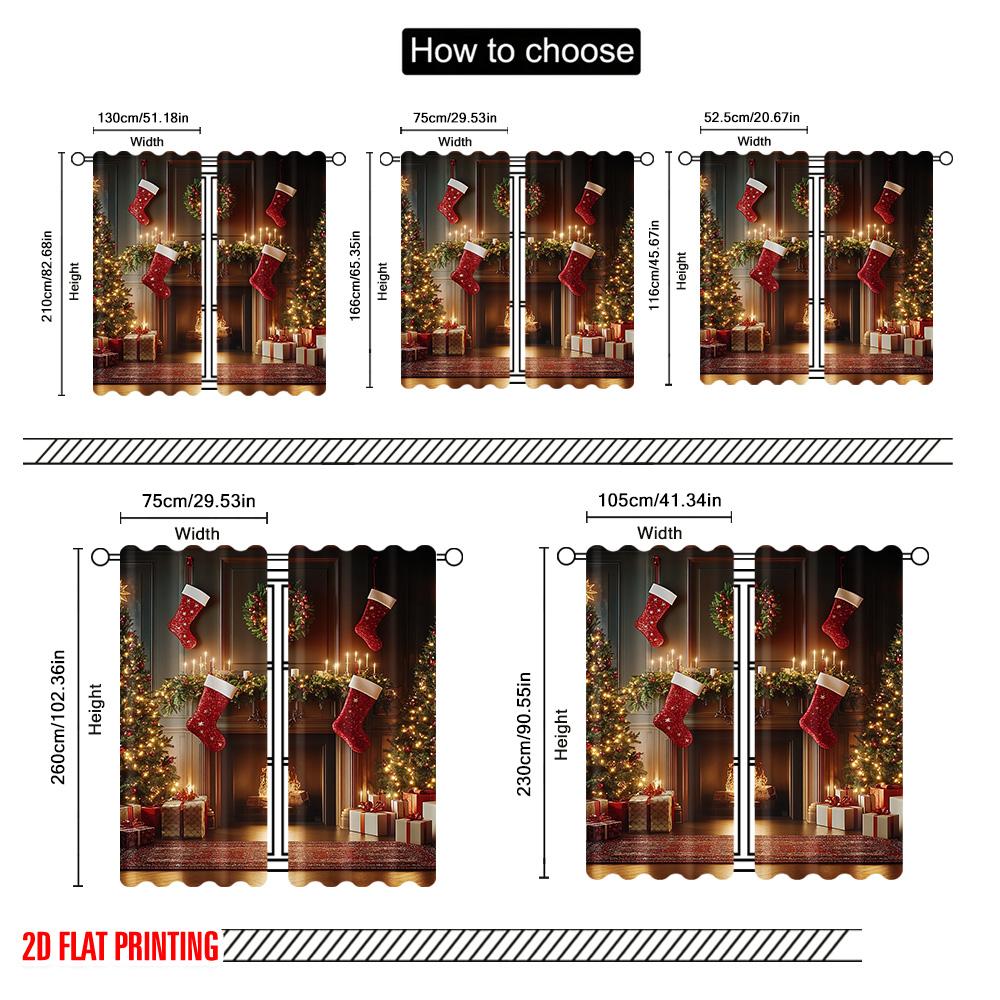 2pcs 2D Flat Printing Merry Christmas Popular Curtain Christmas Fireplace 1 Fabric Without Electricity Spring Party & Holiday
