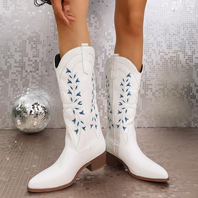 Größe 43 Neue bestickte Cowboy Cowgirl Stiefel Mädchen Modische Mid-Calf Stiefel für Damen Niedrige Absätze Schwarz Grün Blau Weiß Schuhe