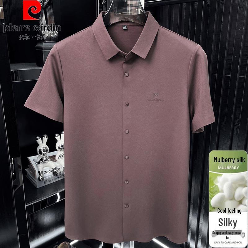 Pierre Cardin Men's Summer Business Casual Mulberry Silk Blend Short Sleeve Shirt