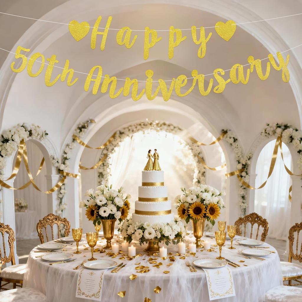 2pcs Happy 50th Anniversary Banner, Pre-Strung Glitter Gold 50th Wedding Anniversary Banner 50 Year Loved Party Favor & Decor Decorations