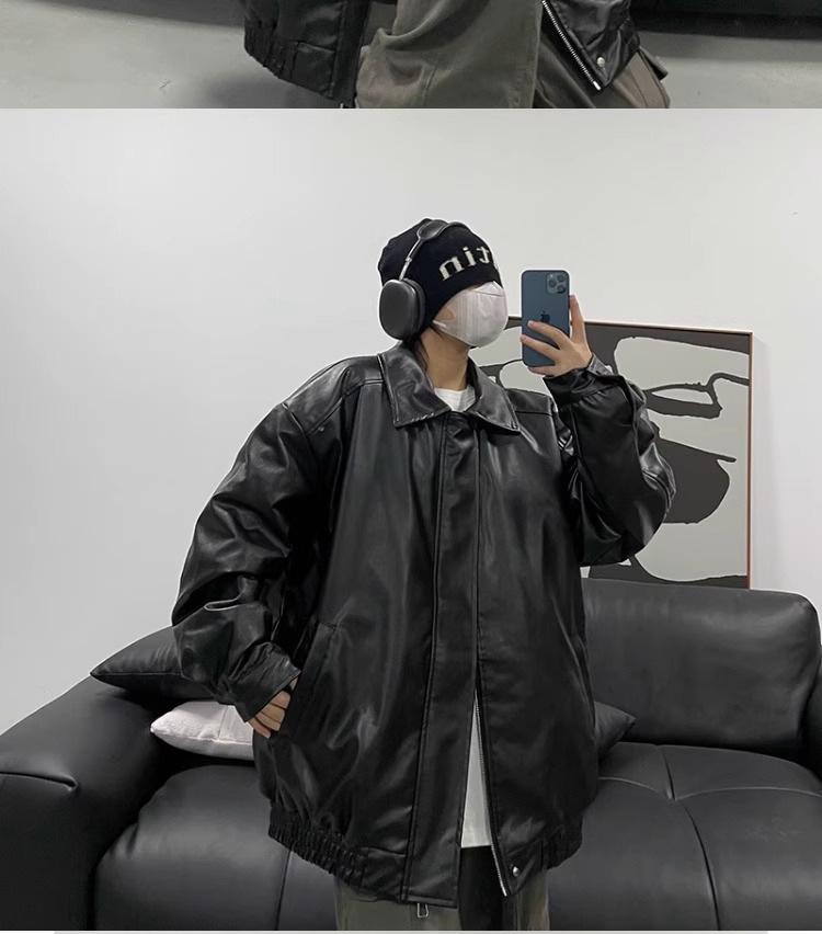 Men's High-End Black Leather Motorcycle Jacket, Perfect for Spring & Autumn, Handsome Loose-Fit Short Baseball Style.