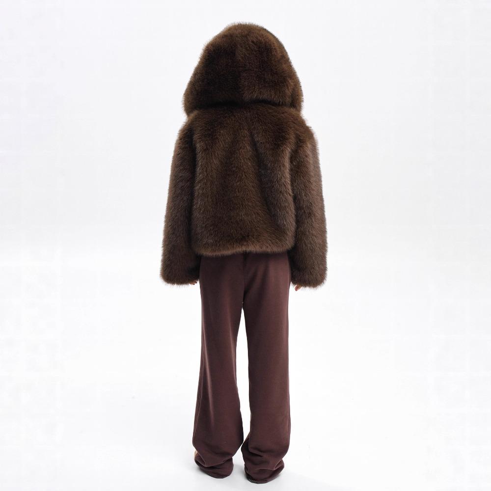 Women's Hooded Long Sleeve Faux Fox Fur Jacket Loose Fit Street Style Furry Coat