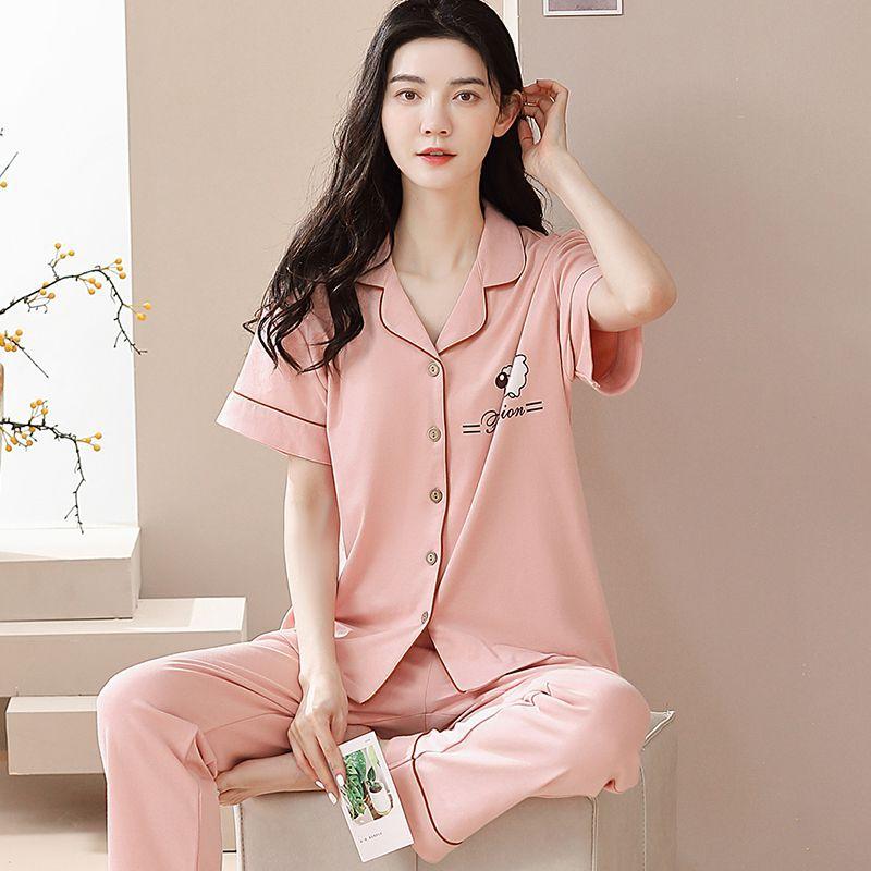 New pajamas women's summer short-sleeved trousers 100% pure cotton thin women's casual lapel mother loungewear set summer