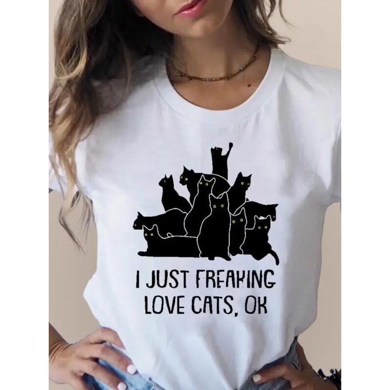 Summer Round Neck Cat Pattern Printed Top Fashionable Casual Short Sleeved Women's Pure Cotton T-shirts