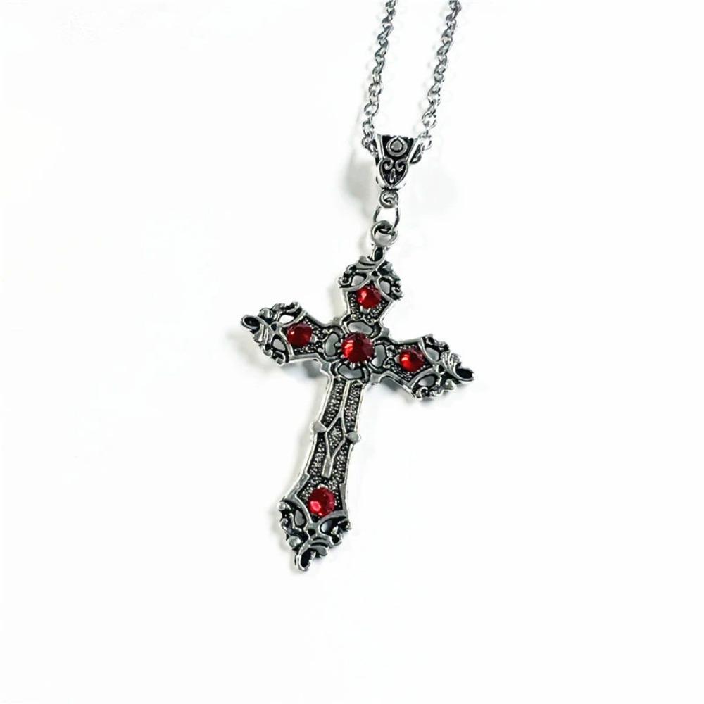 Simple Fashion Creative Trend Gothic Large Baroque Christian Cross Pendant Necklace Micro Inlaid Red Crystal PrayerAmuletZircon
