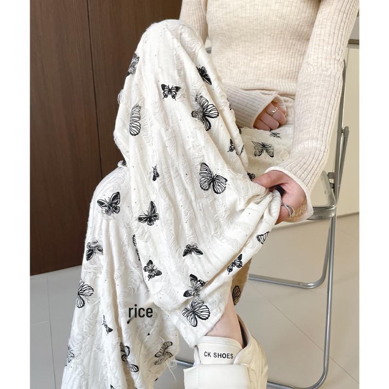 

Women s White High-Waist Rhinestone Ripped Wide-Leg Pants XS (60-79 jin)