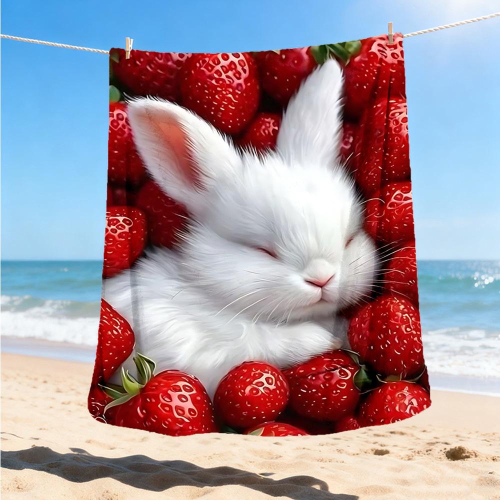 1pc Strawberry Bunny Outdoor Flannel Blanket , Machine Washable Perfect Gift for Birthday , Holiday Travel Accessory , Durable Material