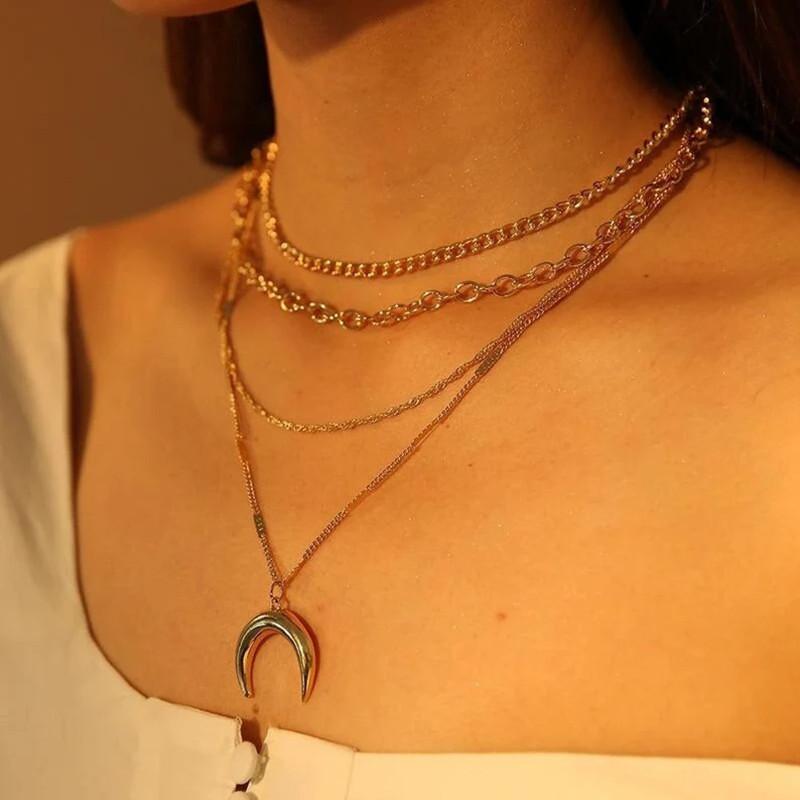 New Bohemian style stacked half moon pendant necklace, multi-layer alloy chain