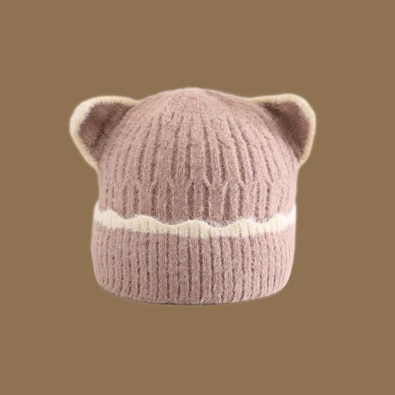 Winter Cute Cartoon Plush Hat with Large Brim for Women Japanese Style Warm and Thickened Ear Protection Knitted Hat with Bear Ears