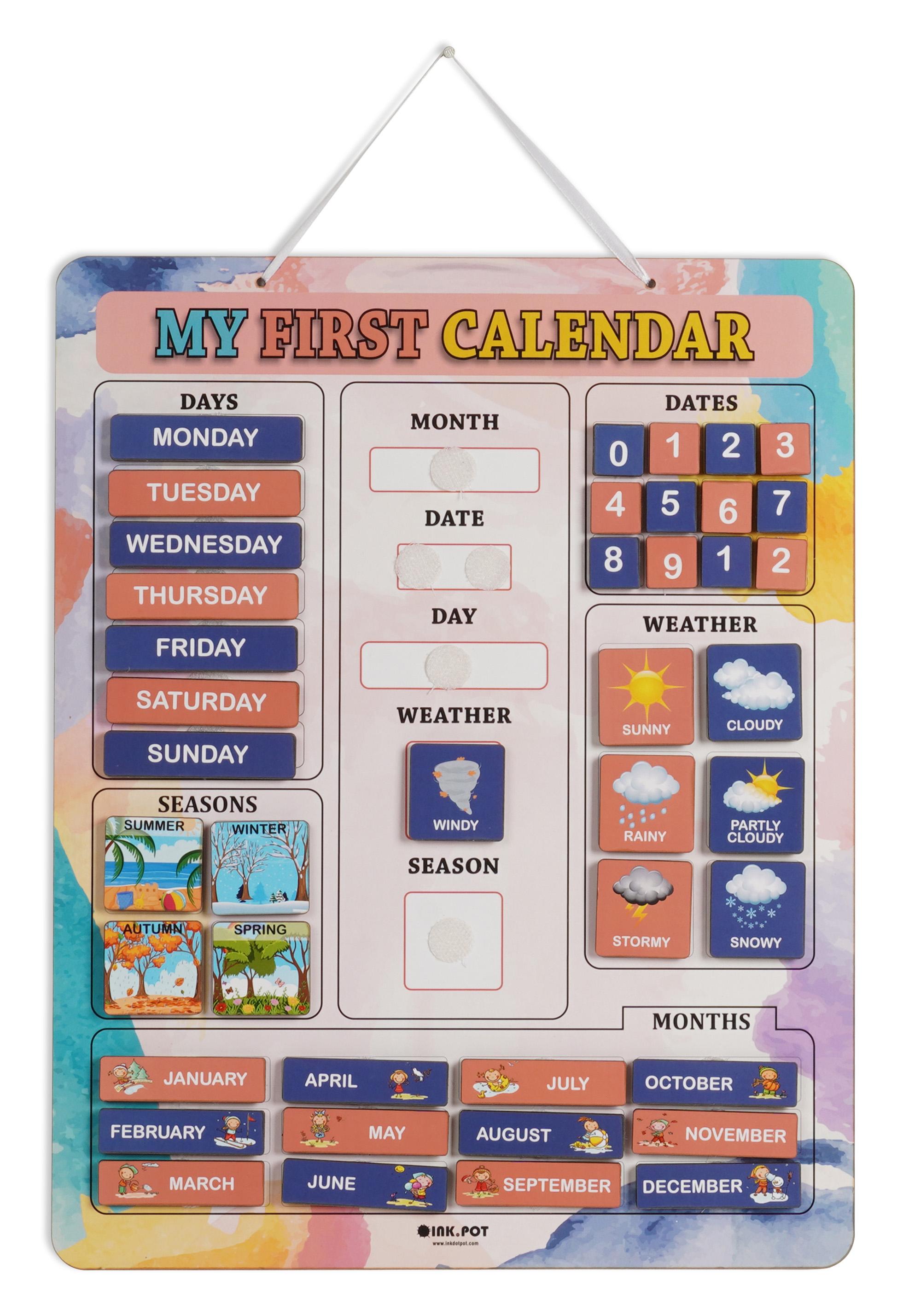 

Inkdotpot Мій перший календар-дошка для дітей, дошкільний настінний місяць, дата, день, погода, сезон (42 штуки); Навчальний календар у класі 14.5X11.5 Inches помаранчевий