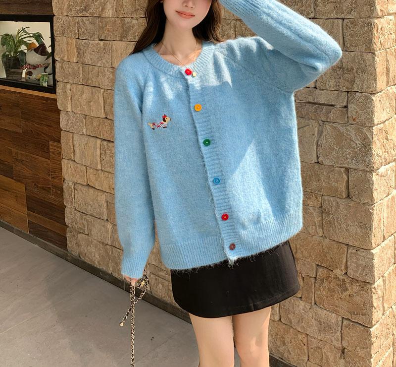 Sweet Round Neck Color Button Dog Pattern Long Sleeve Sweater Cardigan Women Spring Autumn Winter Korean Versatile Top