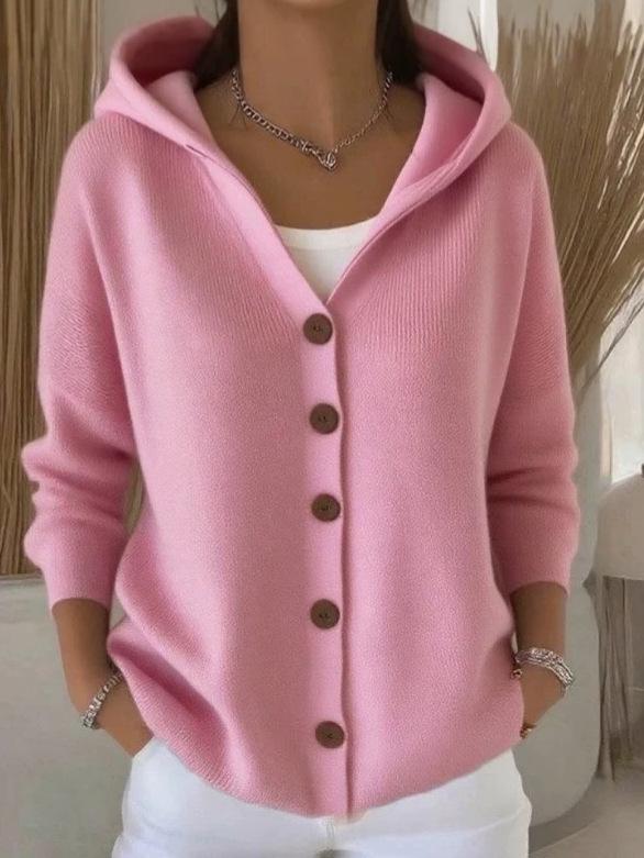 Women's Cross-Border European & American Style Hooded Knit Cardigan - Autumn/Winter Solid Color Casual Fashion Sweater Coat