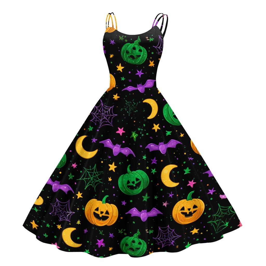 Women's Halloween Print Off Shoulder Dress Punk Vintage Style Sleeveless Spaghetti Strap Dress with Flared Skirt for Costume Party