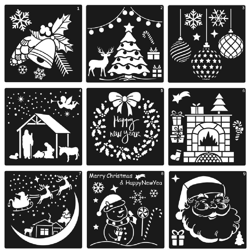 Lot de 12 pochoirs réutilisables pour graffitis de Noël, 12,7 x 12,7 cm, pour décoration de maison, salle de classe, mur, porte