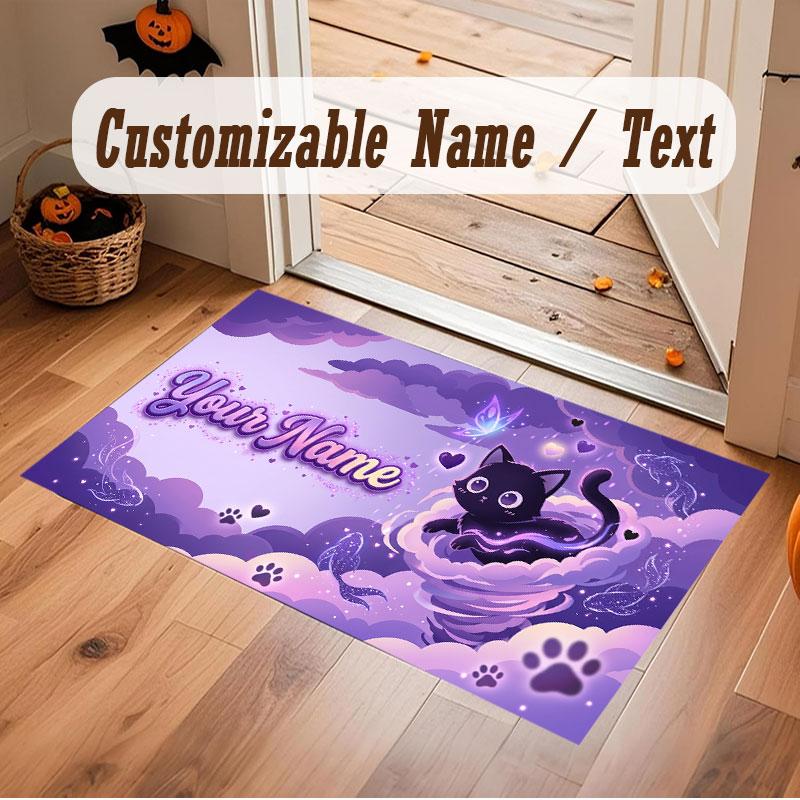 Cat Theme Crystal Velvet Floor Rug Personalized Custom Name Text Warm Carpet Home Decoration