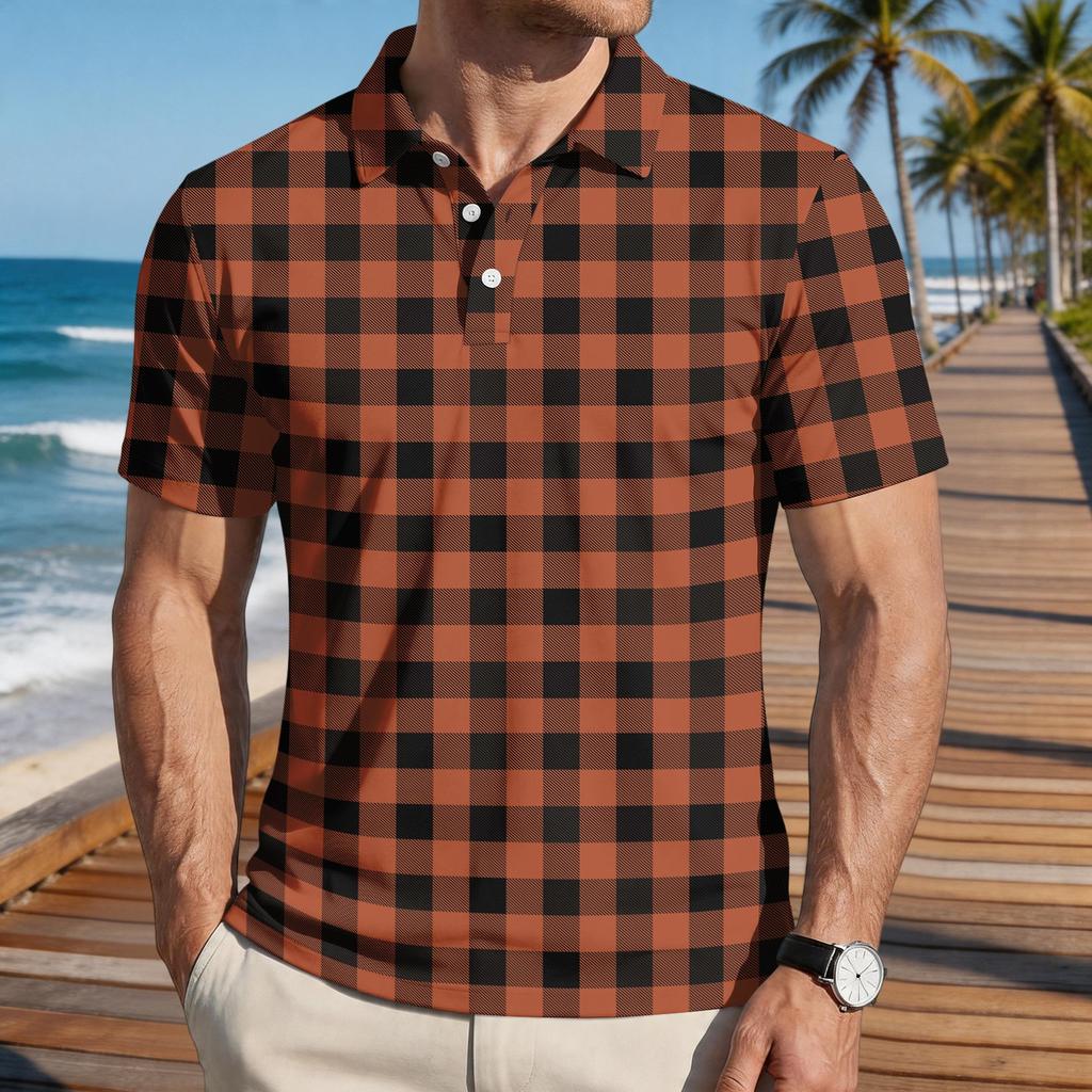 Men Loose Fit Casual Plaid Print Short Sleeve Polo Shirt with Turn Down Collar for Everyday Comfort Style