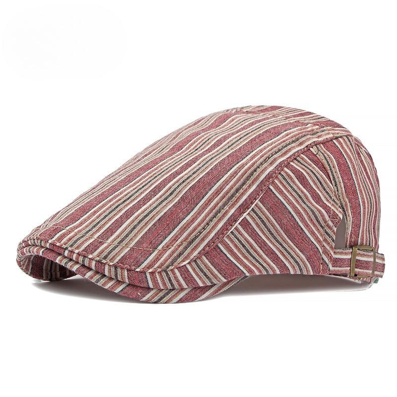 Vintage Striped Flat Cap for Men Women Japanese Simple Ivy Cabbie Hat Retro Cotton Linen Newsboy Gatsby Cap Adjustable Forward Hat