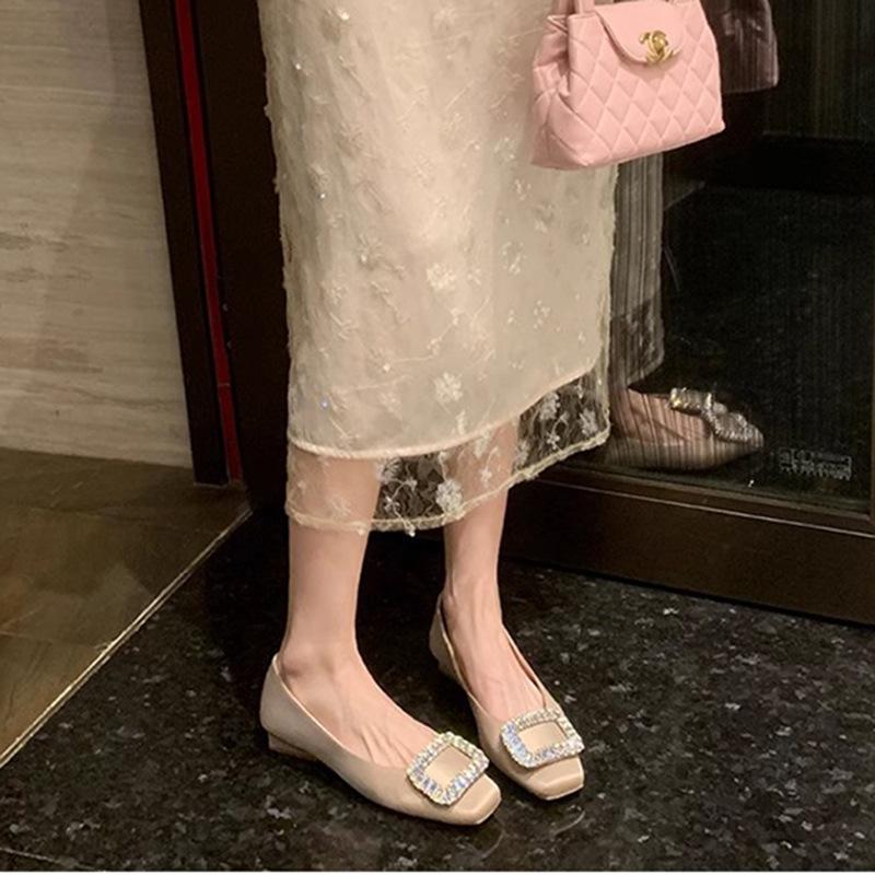 2025 spring new rhinestone square head light mouth silver flat-soled single shoes fairy soft leather temperament commuter women's shoes