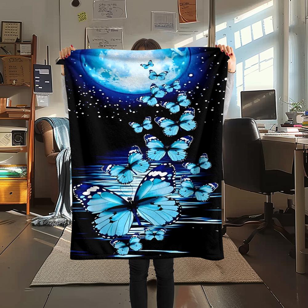 1Pc Blue Butterflies Print Flannel Blanket, High Quality Comfortable for All Seasons, Home Decor, Warmth and Comfort, Perfect for Christmas Gifts
