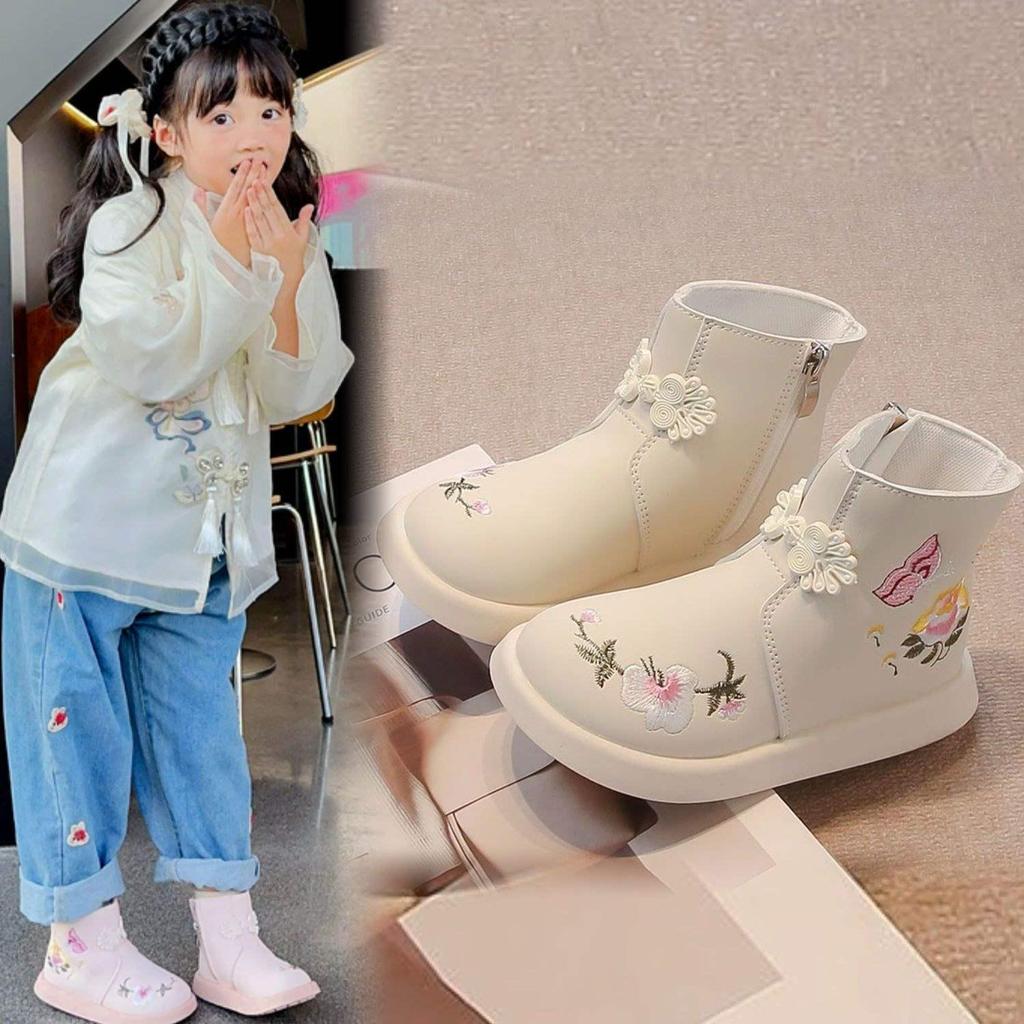 Girls' Hanfu Cotton Boots - 2026 New Flower Embroidery, Chinese-Style Soft Sole, Short Fairy Boots