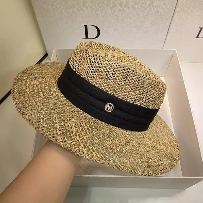 Boater Straw Hat wide brim French elegant square ribbon women's sun hat holiday straw hat
