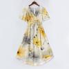 Women's Casual V Neck Short Sleeve Midi Dress Floral Print Wrap Style Lightweight Summer Dress