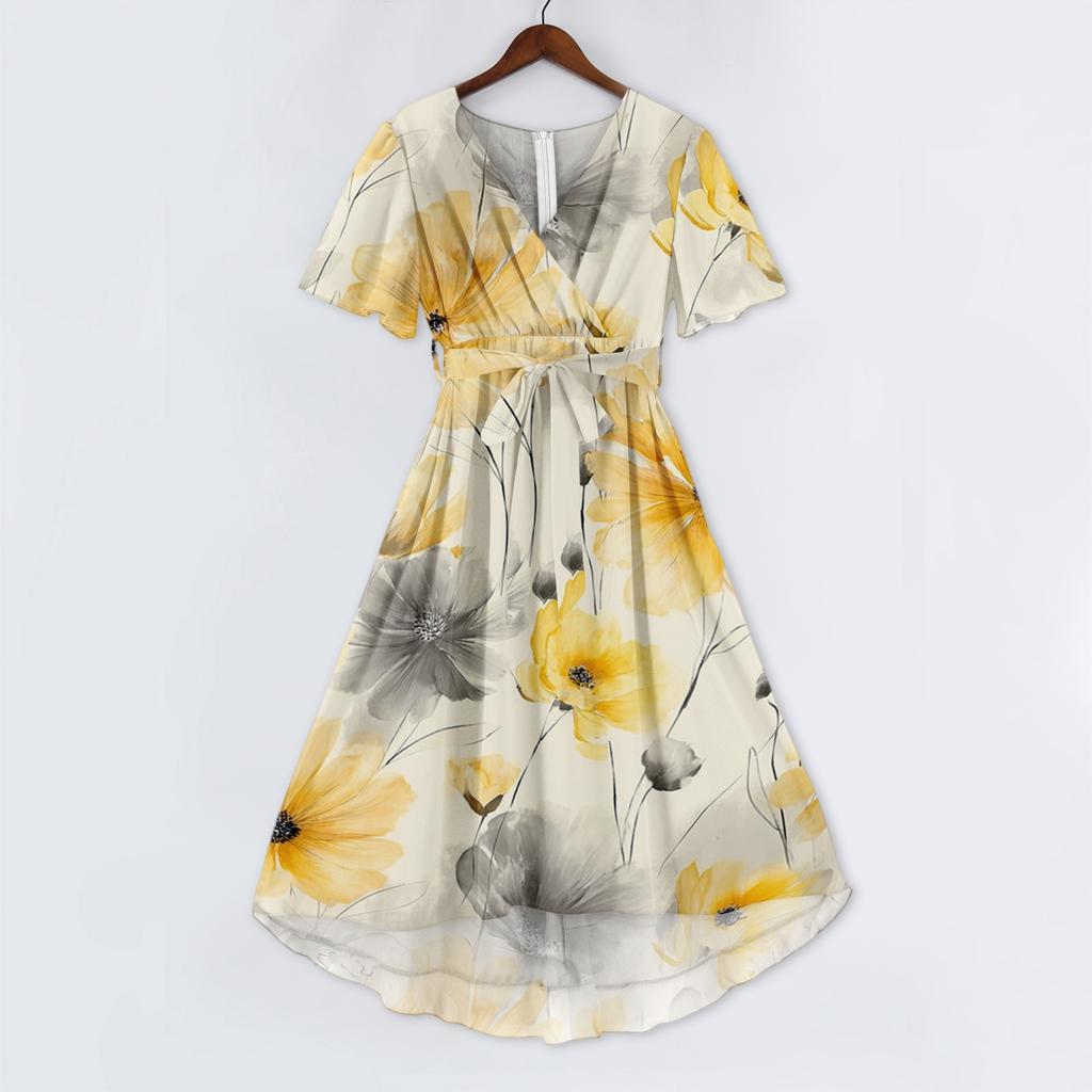 Women's Casual V Neck Short Sleeve Midi Dress Floral Print Wrap Style Lightweight Summer Dress