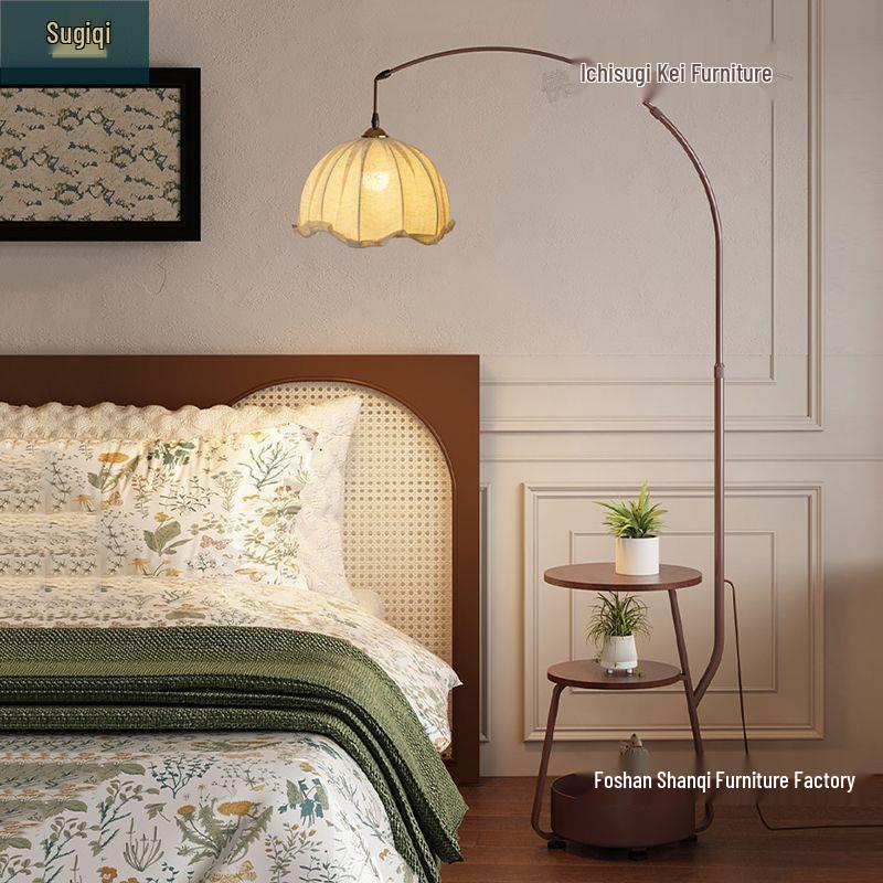 Antique-Style Floor Lamp with Integrated Coffee Table and Storage Rack