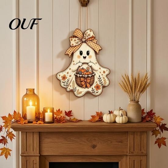 Indoor Wall Hanging Ornament Cute Bow Ghost Sign, Rustic Retro Floral Door Sign with Pumpkin Durable Solid Wood Basket, Vintage Halloween Wooden