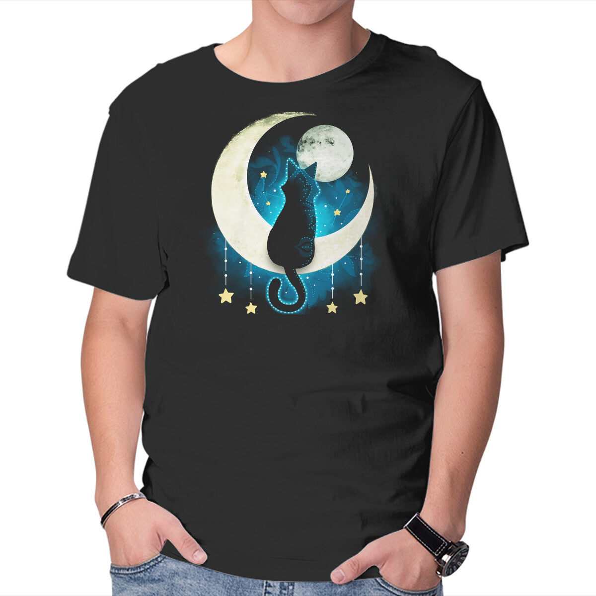 Unisex Crew Neck T-Shirt Black Moon Cat Graphic Short Sleeve Casual Tee XL