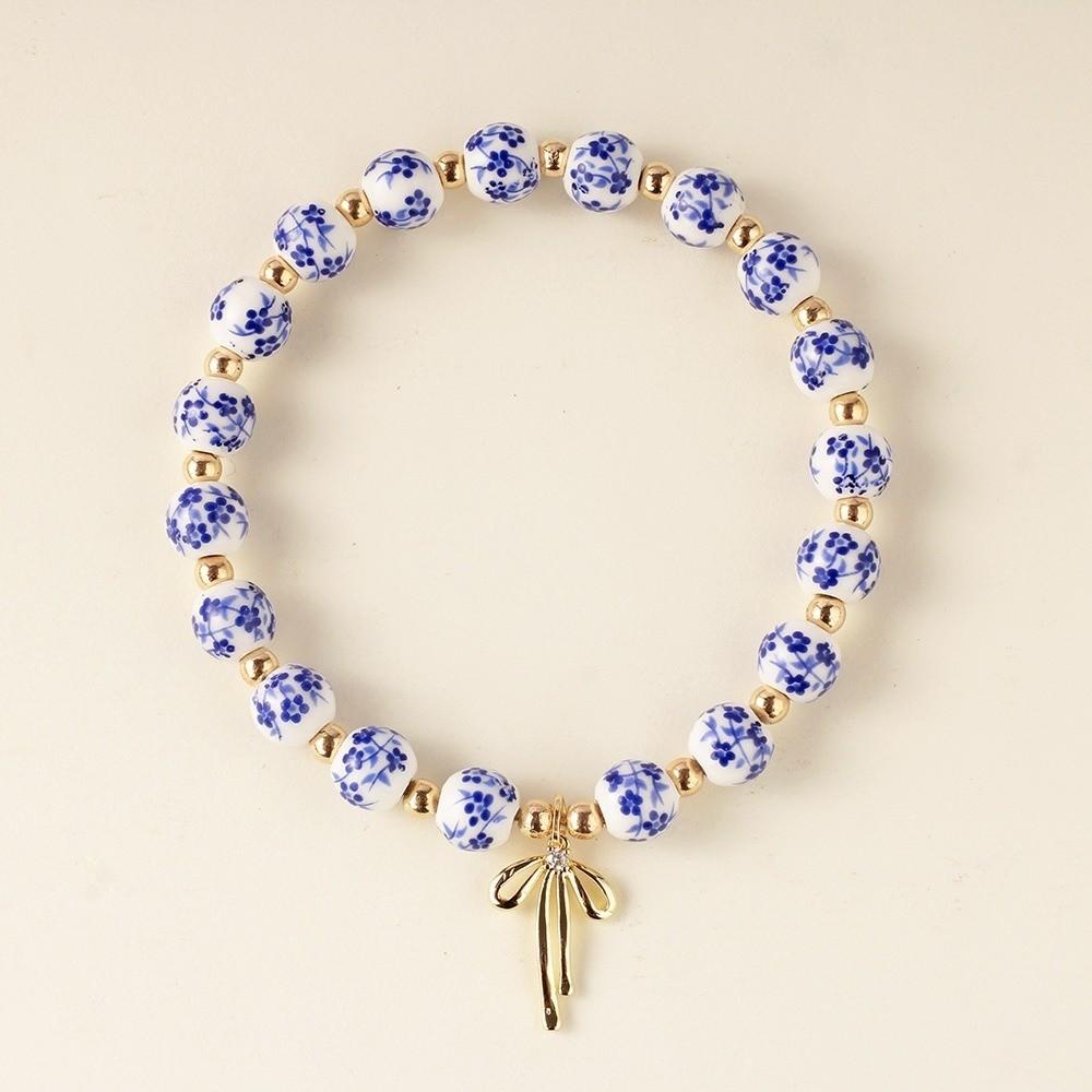 Chinese Style Blue and White Porcelain Bracelet Vintage Versatile Ceramic Bracelet Pretty Elastic Women's Bracelet for Women