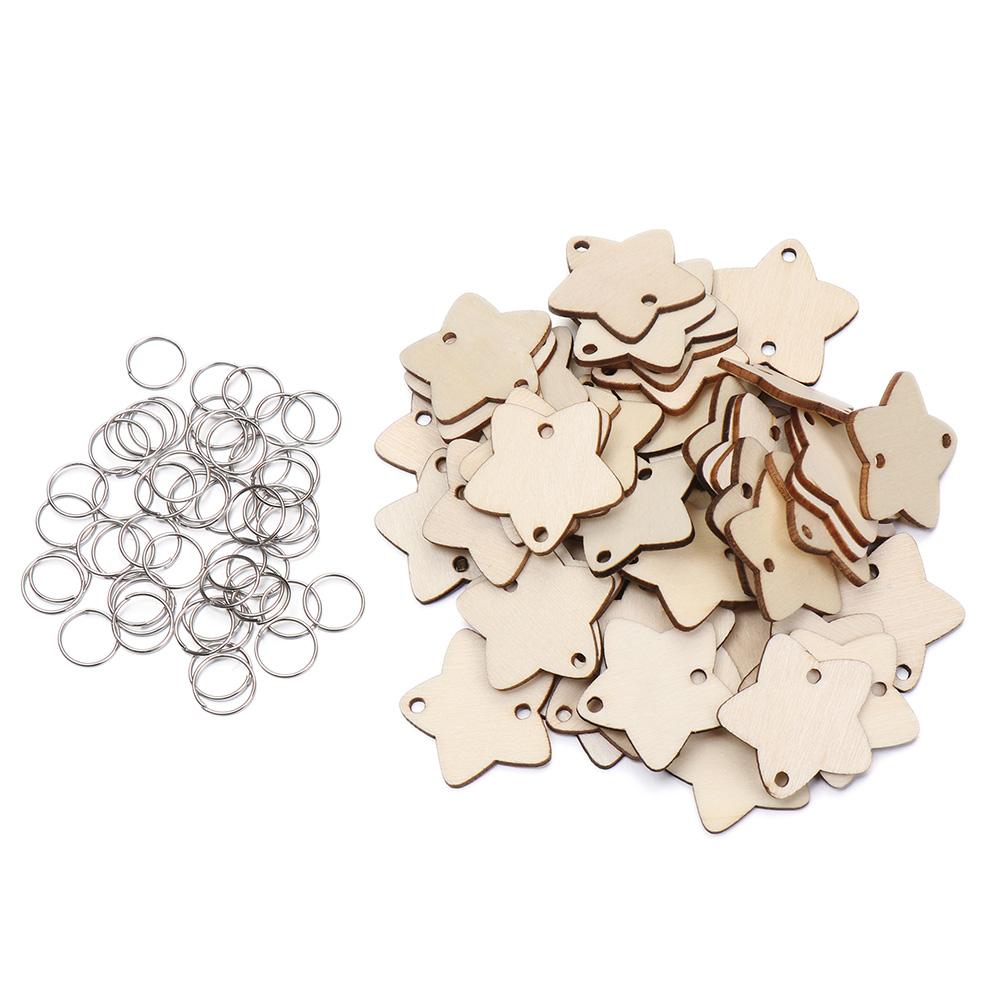 50pcs/set Handmade Star/Heart/Round Shape With Holes Ring Clips Wood Slices Wooden Circle Discs Tags Plaque Board Hanging Label