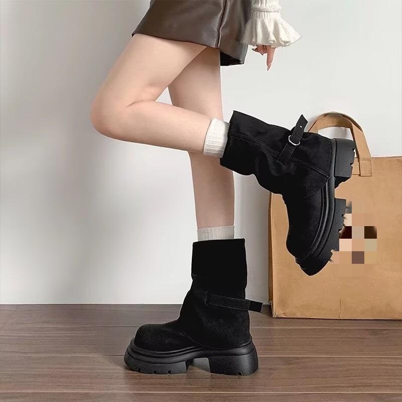 Height-increasing platform Martin boots women's autumn new fashion retro thick heel brown stacking boots short trouser boots