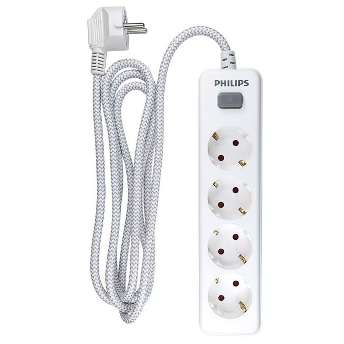 Power Strip - Philips - SPN1142WA/10 - 4 Schuko Sockets - 2 M Braided Cord - On/off Switch