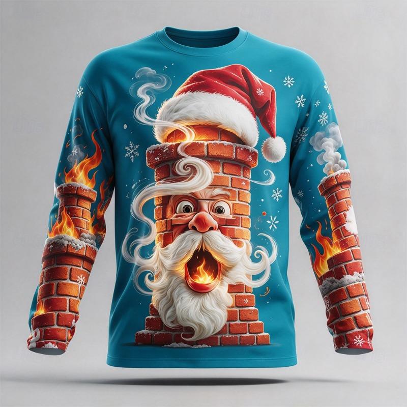 Ugly Christmas Men Long Sleeve T-shirts Santa Claus Cotton Comfortable Casual Tops Winter Xmas Party Outfit Holiday Gift For Men