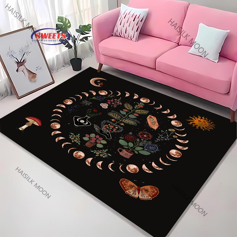 

3D Celestial & Floral Art Area Rug – Non-Slip Carpet for Bedroom or Living Room – Moon Sun Flower Totem Floor Mat, Home Decor 60*90cm