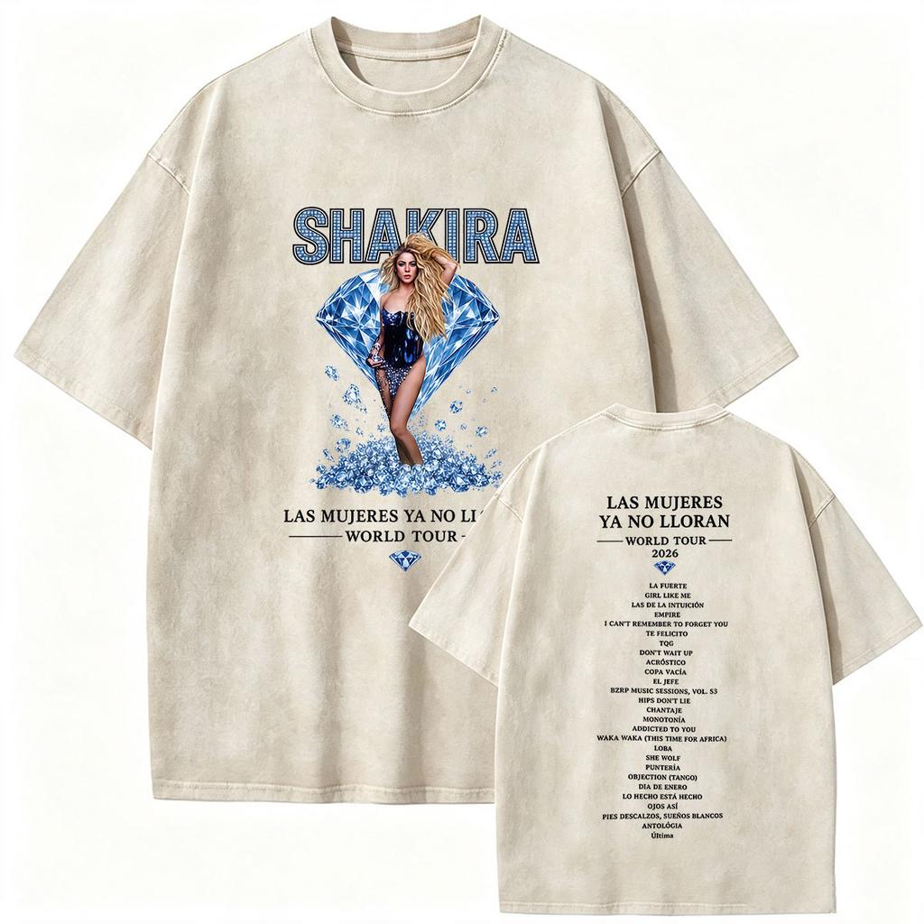 Retro Gewaschen Shakira LMYNL Welttournee 2026 T-Shirts Las Mujeres Ya No Lloran Doppelseitiger Druck T-Shirt Herren Damen Oversized T-Shirts