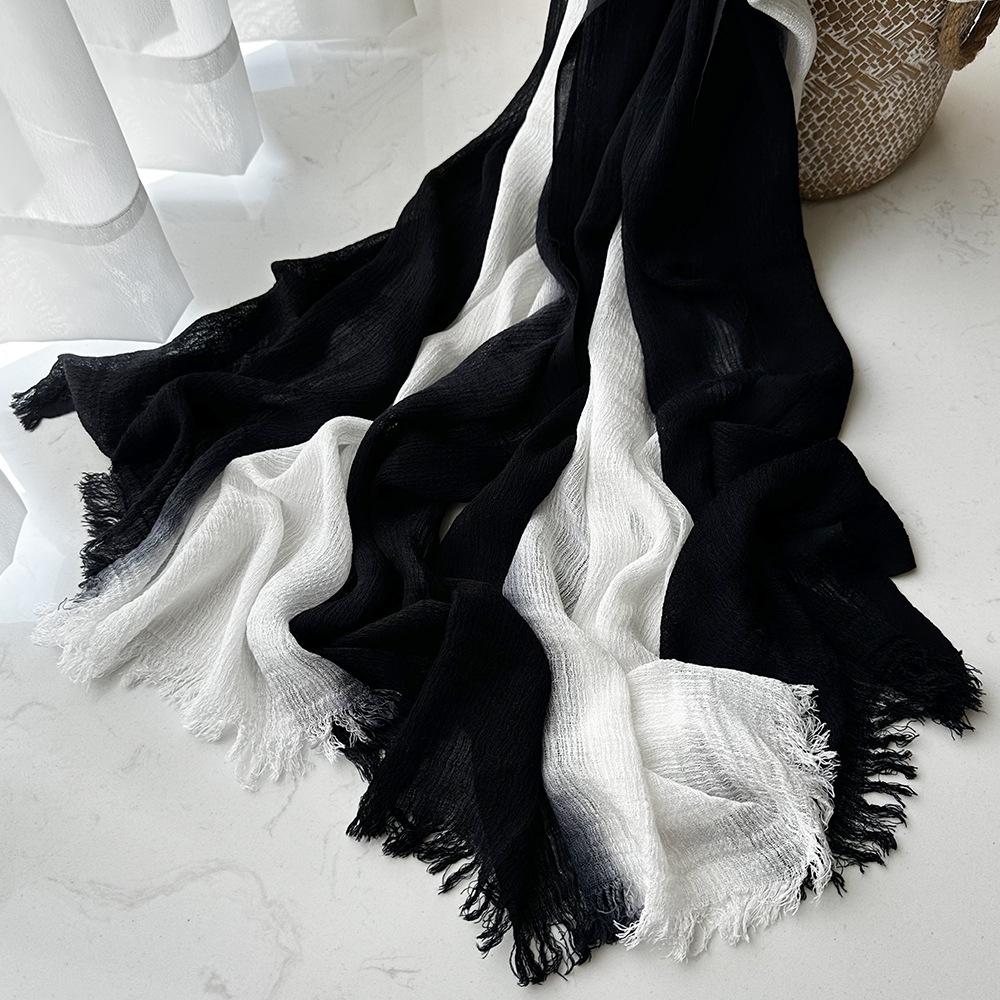 Personalized Hand-painted Cotton Scarf Women's Short Beard Gradual Change Color Travel Shawl Yunnan Dali Blue and White Tie-dyed Silk Scarf
