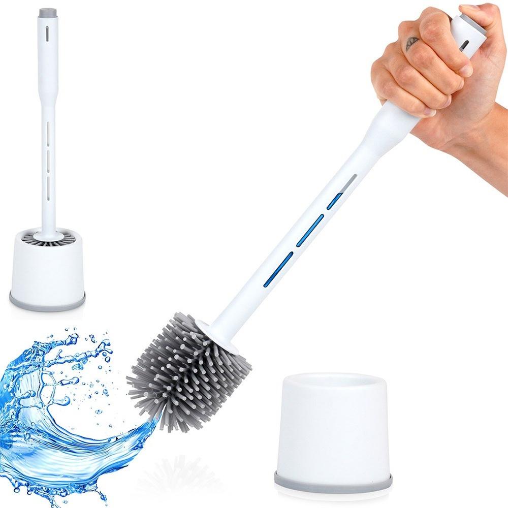 Silicone toilet brush with stand and liquid dispenser, white, 40 cm