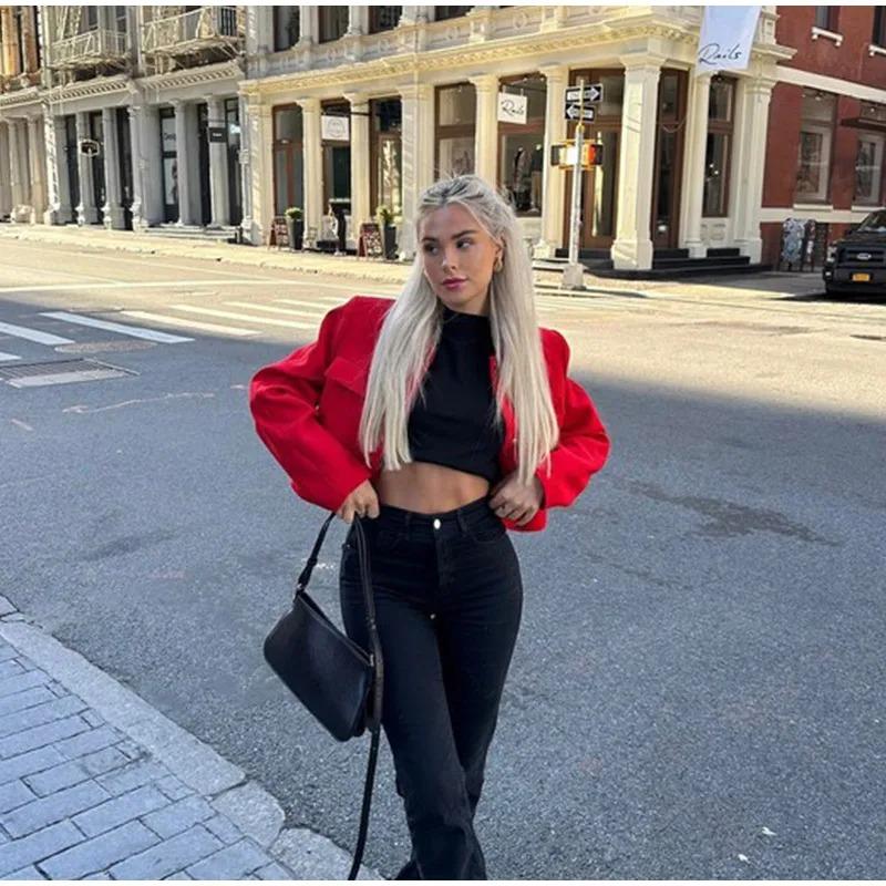 Red Short Coat Women Veste Fashion Suit Jacket Long Sleeve Turndown Slim Female Coats 2023 Autumn Winter Lady Commuter Tops Streetwear Jacket Overcoat