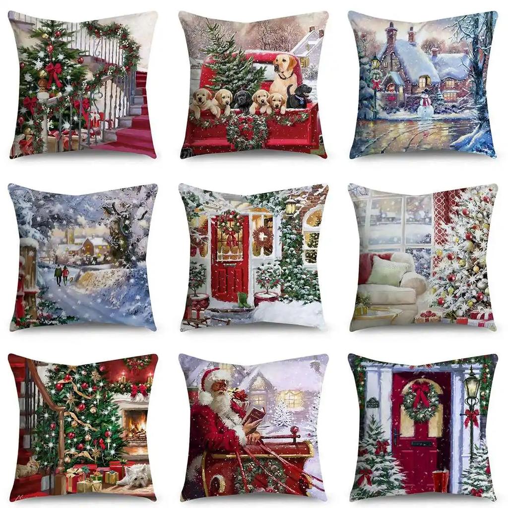 Santa Claus Christmas Tree Snow Scene Snowman Animal Deer Rabbit Bird Fox Sofa Seat Bedroom Car Office Decoration Pillowcase