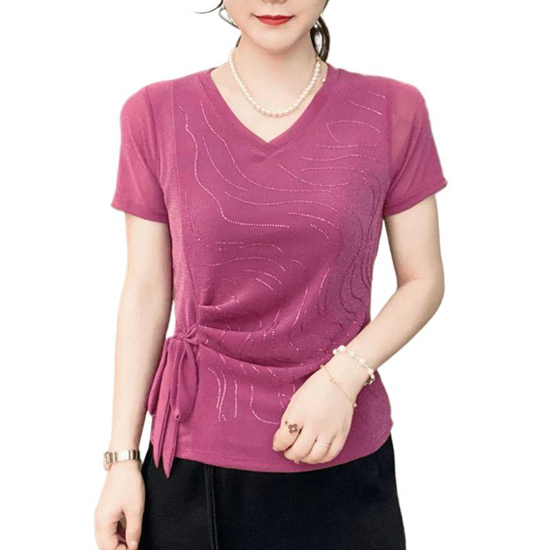 2026 Plus Size Rhinestone V-neck Tie-up Short Sleeve Mother's T-shirt