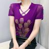 Summer New Fashion Korean Clothes Women's T-shirt Luxury Flower Hot Diamonds Tees Sexy Streetwear Girls Slim Short Sleeve Tops