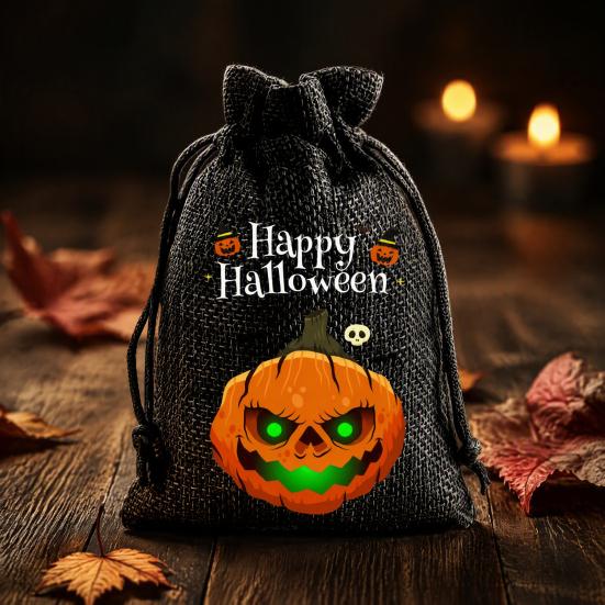 Handmade Style Party Bags 2Pcs Halloween Pumpkin Drawstring for Candy Treats, Retro Burlap Festival Totes Trick or Treat Bags, Portable Goodie