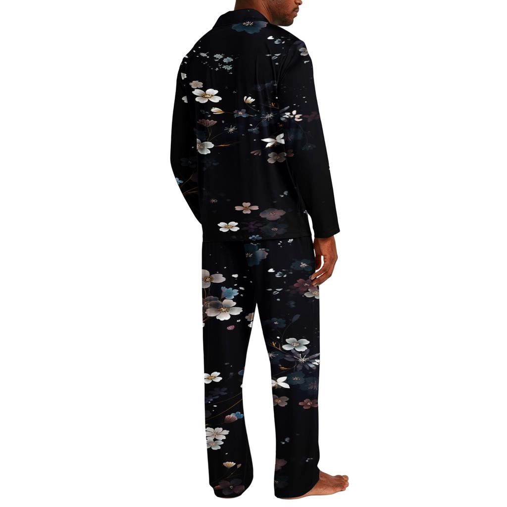 Men's Loose Fit Christmas Print Pajama Set with Button Down Top and Straight Leg Pants - Two Piece Holiday Sleepwear