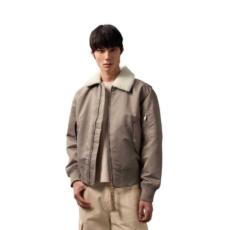 Calvin Klein Casual Commuter Letter Woven Strap Zipper Fleece Collar Cotton Jacket Men jackets Earth-Brown J326108